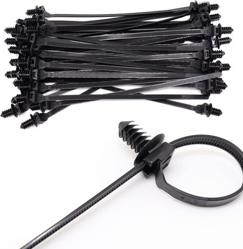 Push Mount Zip Ties, 8 inch Cable Zip Tie Black Wire Tie with Push Pin for Indoor and Outdoor (100 Pack)