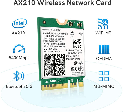Wi-Fi 6E AX210 NGW Wireless Card with Bluetooth 5.3, Tri-Band 5400Mbps Network Adapter for Laptop, Supports Windows