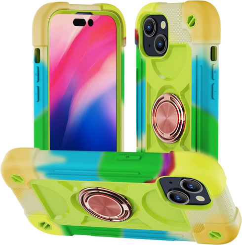 iPhone 15 Case, Rainbow Green, Heavy-Duty Shockproof Military-Grade Rugged Cover with Ring Stand, Glass Screen & Camera