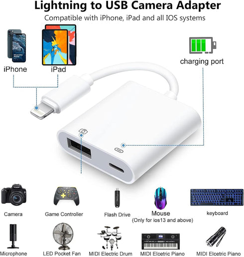 Lightning to USB Camera Adapter for iPhone with Lightning Charging Port USB 3.0 Female OTG Cable for iPad to Connect Card Reader USB Flash Drive U Disk Keyboard Mouse Hubs Midi
