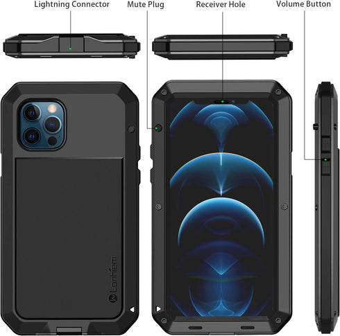 Lanhiem Metal Case for iPhone 12, Heavy Duty Shockproof Rugged Case with Built-in Glass Screen Protector (Black)