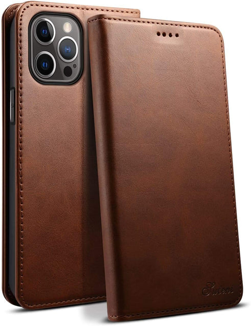 SINIANL iPhone 12 Case, Leather Wallet Case with Card Holder, Magnetic Closure Flip Cover, Brown