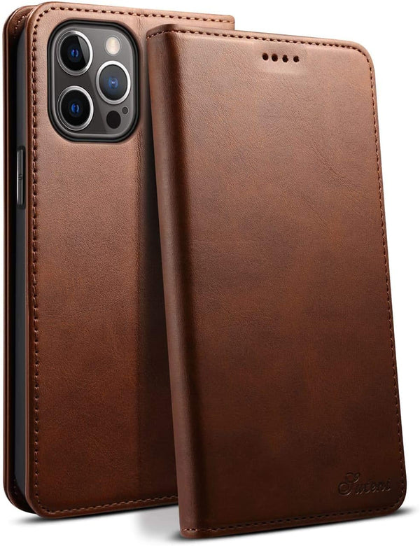 SINIANL iPhone 12 Case, Leather Wallet Case with Card Holder, Magnetic Closure Flip Cover, Brown