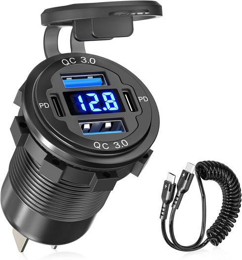 Upgraded 78W 12V USB Outlet Qidoe Charger Socket, 4 Port Dual 30W PD & Quick Charge 3.0 with Voltmeter & 3FT Cable