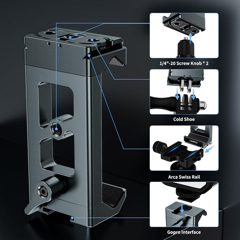 CAMOLO GEEK Metal Phone Tripod Mount Arca Port & Action Camera Adapter, Adjustable Smartphone Tripod Adapter Clamp Cell