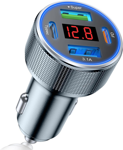 USB C Car Charger Adapter, 78W 4 Port Metal Car USB Charger with Voltmeter, Fast Charging for iPhone