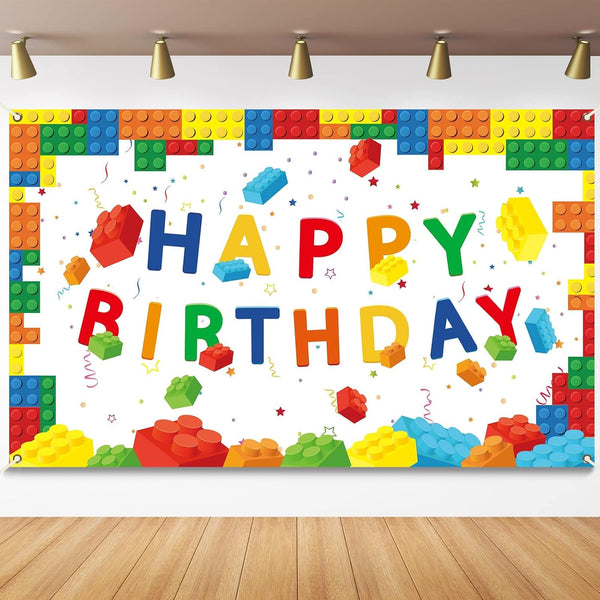 chiazllta Building Blocks Happy Birthday Banner Colorful Blocks Birthday Party Decorations Backdrop Photography