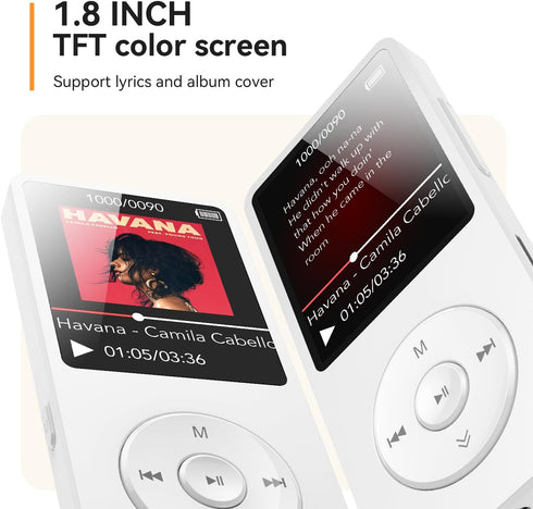 AGPTEK A02 MP3 5.3, 1.8 inch 128GB(White, 64GB) Player with Bluetooth Screen Portable Music Player with Speaker, FM