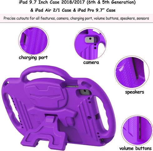 LTROP Kids Case for iPad 5th/6th Generation & Air 2, Shockproof Bumper Cute Kid Case with Shoulder Strap (Purple)
