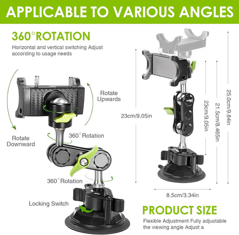 Suction Cup Holder Phone Mount Car, 360° Rotating Universal Ball Head Arm for Video Recording Vlog