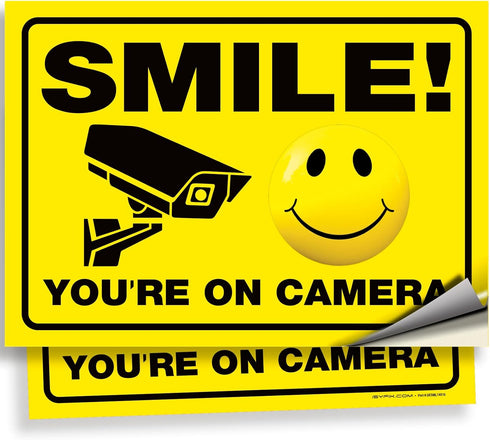 iSYFIX Smile You're on Camera Stickers for Business - 2 Pack 14x10 Inch - UV Protection, Weather Resistance