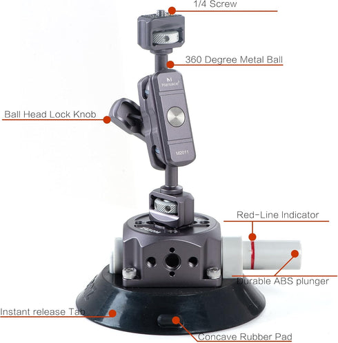 IMT 4.5" Camera Suction Cup Mount for Car, Quick Release Vacuum Suction Mount with 360° Ball Head