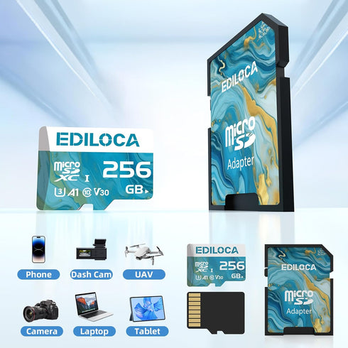 Ediloca 256GB 100MB/s, 4K C10, U3, V30, A1 Micro SD Card, Memory Card with SD Adapter, Read Speed up to UHS-I TF Card