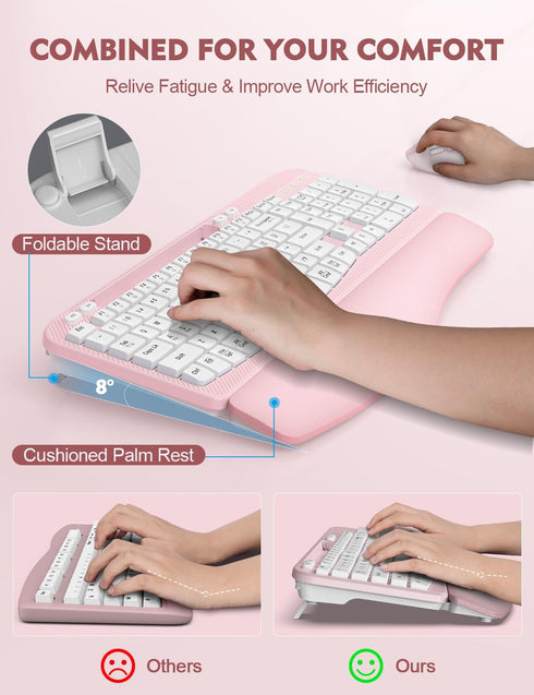 Wireless Keyboard and Mouse Combo, EAYBLLY Wave Keys Ergonomic Keyboard with Wrist Rest, 2.4GHz Set