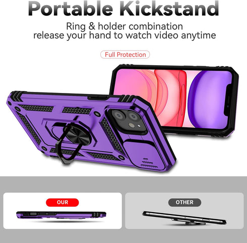 SunStory iPhone 11 Case (Purple) - Military-Grade, HD Screen Protector, Slide Camera Cover & Kickstand.