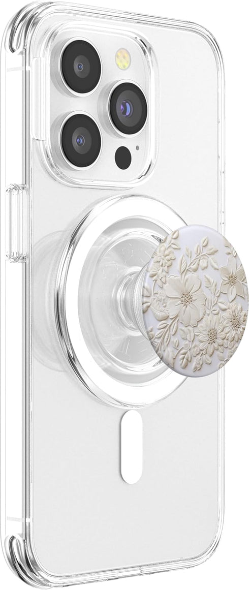 PopSockets MagSafe PopGrip for iPhone - White Floral Flower Pattern On White Background
