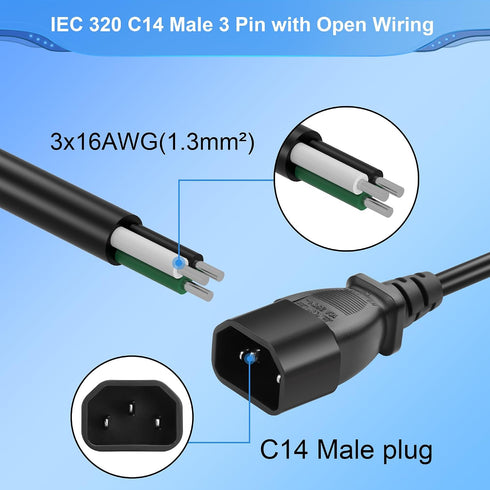 CERRXIAN 3.9FT 320 C14 3 16AWG C14 IEC Male Pin with Open Wiring Stripped, Heavy Duty Replacement to Bare Wire Power