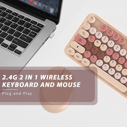 KOOTOP Wireless Keyboard and Mouse, 2.4G Cute Keyboard with Retro Round Keycap for PC, Mac, Laptop, Tablet (Milk Tea)