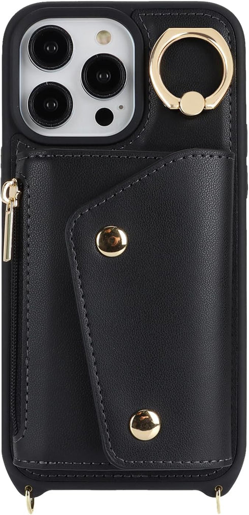 iPhone 12 Pro Max Case with Card Holder and Strap, Zipper Pocket, Crossbody Lanyard Strap, Cute Phone Wallet Case for