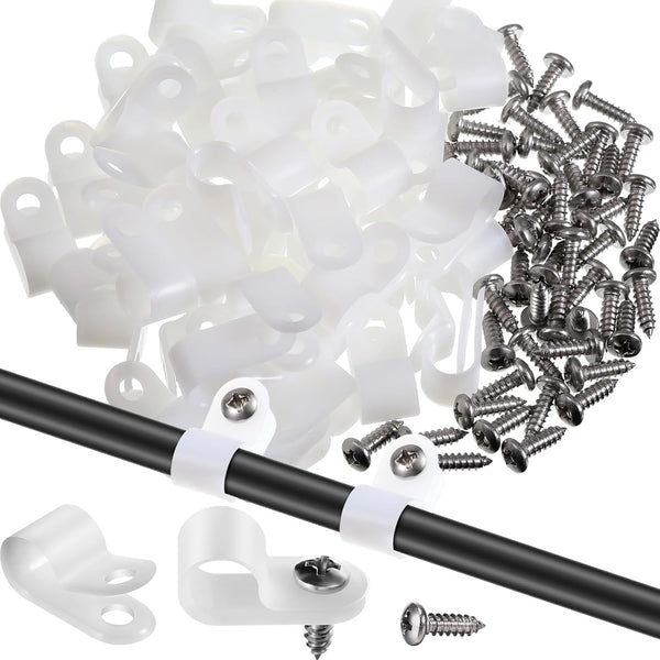 Hicarer 50 Pack R-Type Cable Clip Wire Clamp, Nylon Screw Mounting Cord Fastener Clips with Screws for Wire Management