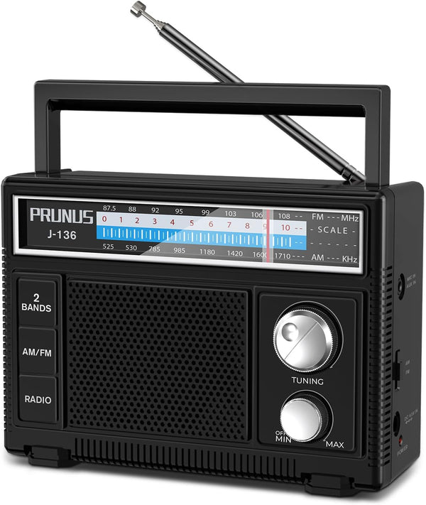 PRUNUS Portable Radio AM FM, Battery Operated and Plug in Wall, Loud Speaker with AUX in and Microphone