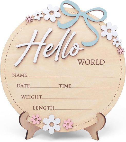 Wooden Baby Announcement Sign 6 Inch Round Birth Stat Plaque with Floral