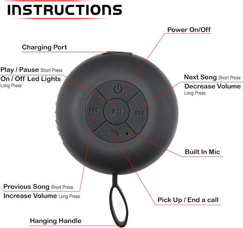 RISEBASS Water Resistant Bluetooth Shower Speaker, Handsfree Portable Speakerphone with LED Light for Bathroom, Beach