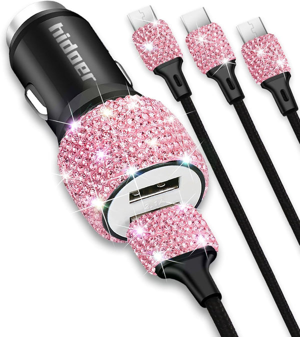 Bling USB Car Charger 5V/2.4A, Pink Crystal Decor Dual Port Fast Adapter with 4ft Nylon Type C/Micro USB 3-in-1
