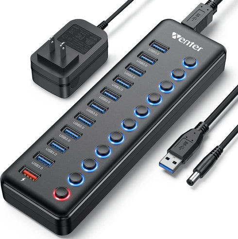 Powered USB Hub, Wenter 11-Port USB Splitter Hub with 10 Data Transfer Ports and 1 Smart Charging Port