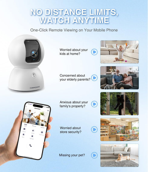 CINMOORE 3K 64GB 5GHz 2.4GHz 6, 360 2-Way Indoor Camera with Card, Human/Pet/Facial AI Detection, Dog/Cat/Pet Camera