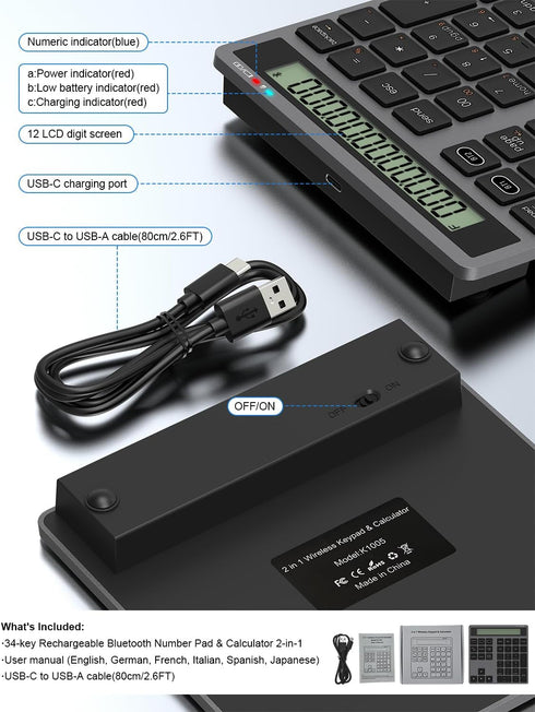 Tioleje 2-IN-1 34-Key Accounting 2in1 Rechargeable Bluetooth Number Pad with Display Calculator - Wireless & Wired