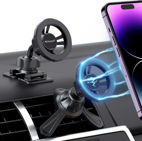 PROfezzion Deluxe Metal Version for MagSafe Car Mount, 2 in 1 Combo Magnetic Phone Holder for Car Compatible with