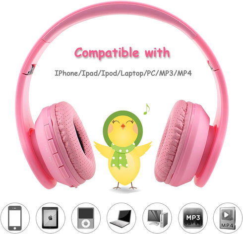 Shop Pink Bluetooth/Wired Headphones for Kids - Over Ear, Volume Limited 85/110dB, Foldable, AUX Mic for School &