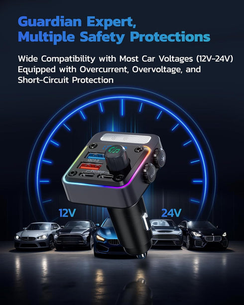 Nulaxy 54W Bluetooth 5.3 Car Adapter with 4 Charging Ports, Wireless Radio FM Transmitter with Deep Bass Player