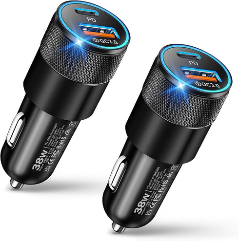 USB C Car Charger, 2 Pack 38W Dual Ports USB-C & USB-A Fast Charging Adapter for iPhone 15 14 13 12, Samsung S24, Pixel