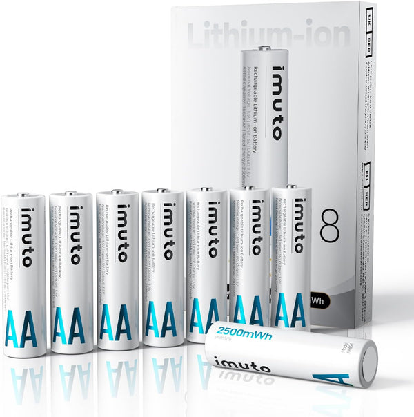 imuto Rechargeable AA Batteries Lithium 1.5V Output, 2500mWh 8-Pack, 1600 Cycles, Wide Temp