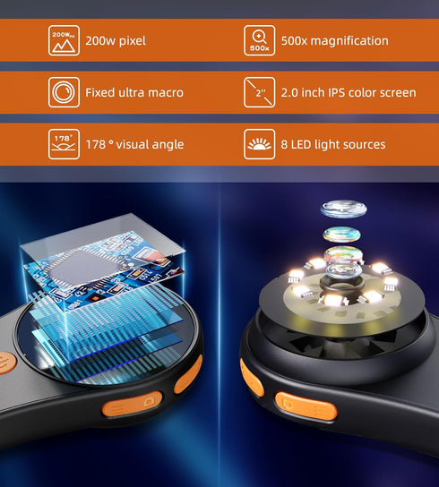 Macro Digital Microscope, Portable Handheld Magnifying Glass, 2.0" Color Screen, 500x Magnification, Rechargeable