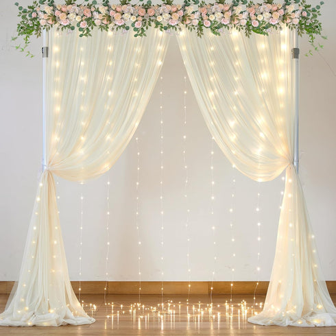 Suppromo 108ft Ivory Sheer Backdrop Curtains with Lights String for Parites Wedding Tulle Backdrop Curtains for Baby