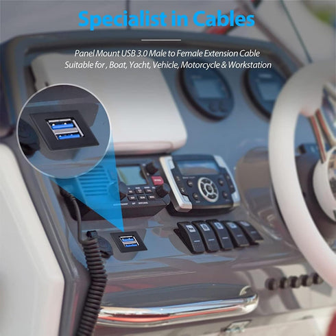 Dual USB3.0 Square Flush Mount - 1M 3ft Extension Mount for Car, Boat, Motorcycle, Dash, Panel