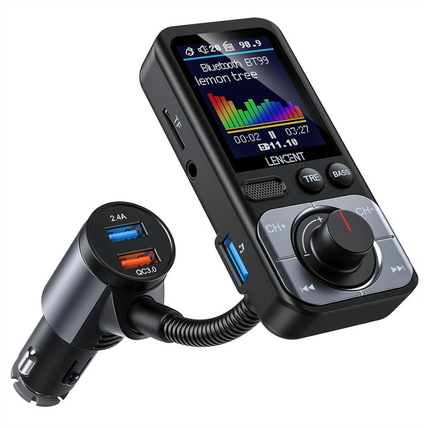 LENCENT Bluetooth 5.0 FM Transmitter for Car, AUX Car Radio Adapter, Big Color Screen, MP3 Music Player, QC3.0 Fast