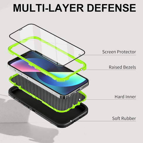 iPhone 15 Heavy Duty Case with 2 Pack Screen Protector - Rugged Military Grade Drop Protection (Black/Green)