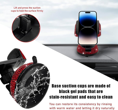 Bling Car Phone Holder, 360 Degree Adjustable Crystal Mount for Dashboard, Air Vent, Windshield (Red)