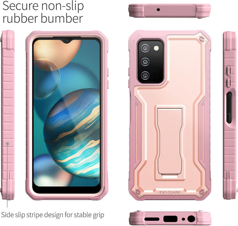 ExoGuard Rubber Shockproof Case for Samsung Galaxy A03S 5G, with Screen Protector and Built-in Kickstand (Pink)