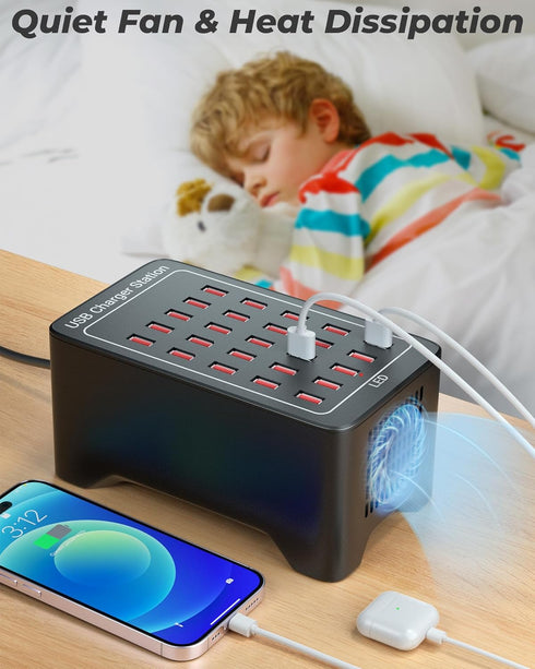 USB Charging Station, 25 Port 125W (25A), Travel Desktop Rapid Charger, Multi Ports Fast Charging Station for Devices