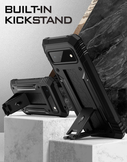 Poetic Revolution Case for Pixel 6 5G: Rugged Shockproof Cover with Kickstand & Built-in Screen Protector, Black.