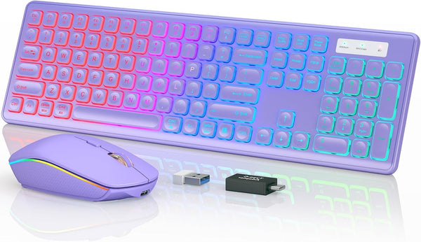 Wireless Keyboard and Mouse Combo, RGB Backlit, Rechargeable, Full-Size Ergonomic Tilt Angle, 2.4GHz Quiet Keyboard