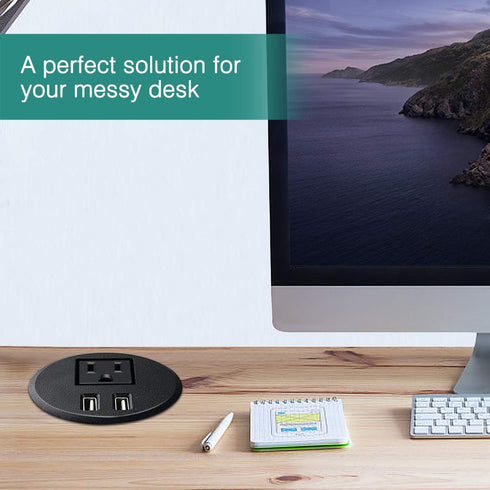 Desktop Power Grommet Outlet with 2 USB Charging Ports - 2 3/8 inch Hole, 6.5ft Extension Cord, 1 Outlet for Computer,
