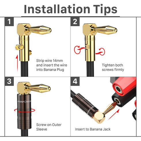 FosPower Right Angle Banana Plugs (12 Pairs / 24 pcs), 24K Gold Plated Closed Screw Speaker Plug Connectors