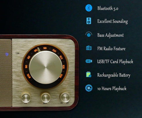 FM Radio with Bluetooth, Vintage Bluetooth Speaker with SD/USB Music Player, Wireless Streaming, Up to 10 Hours Playback