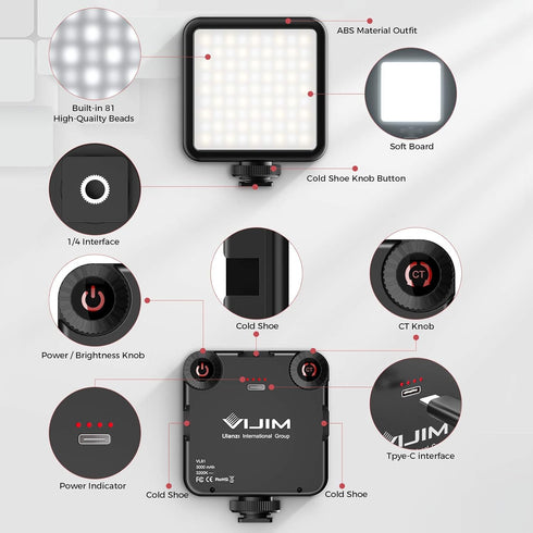 VIJIM LED Video Light, VL81 On Camera Light with 3 Cold Shoe, Rechargeable 3000mAh Battery, Dimmable 3200K-5600K